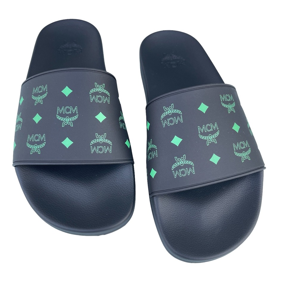 MCM Mens Black/Green Visetos Print Rubber‎ Slides Slippers, MEX CSSX01 JW0 EU42